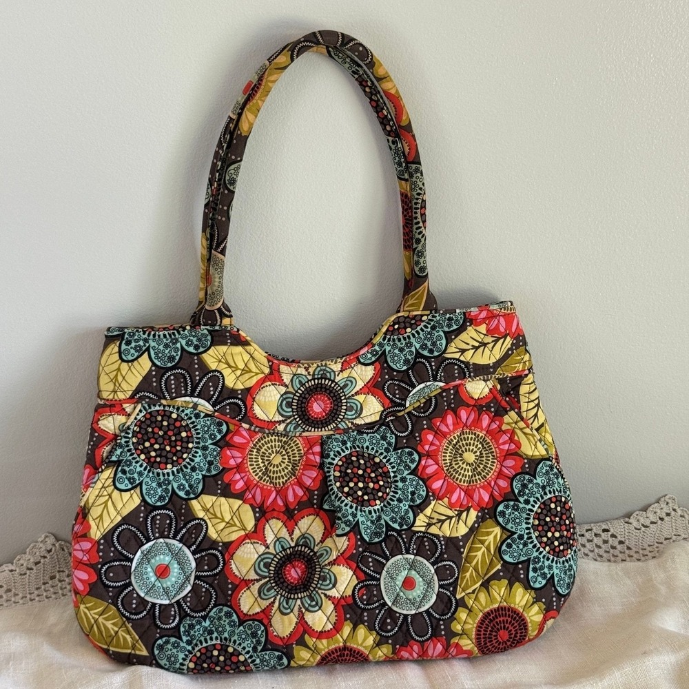 Vera Bradley Sun Valley Quilted Floral Shoulder Bag Tote Brown Red Teal‎
